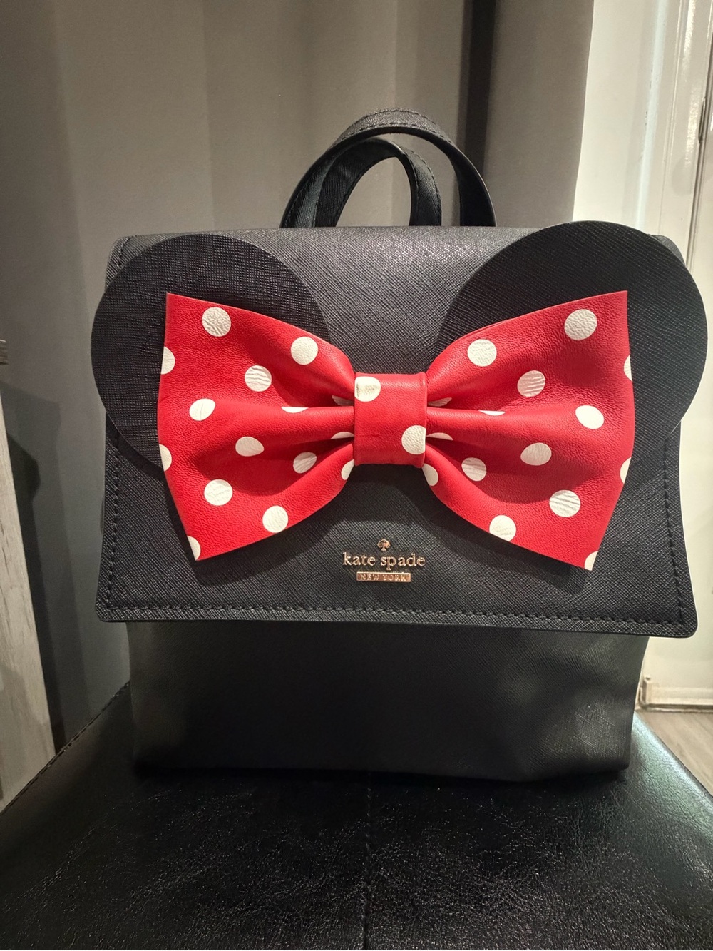 Kate Spade x Disney Minnie Mouse Black Backpack Red Polka Dot Bow Ears Like New